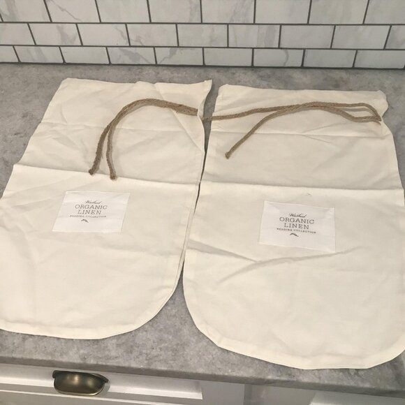 Washed Organic Linen Drawstring Bags Set of 2 Reusable Storage Pouches Natural - Picture 1 of 6
